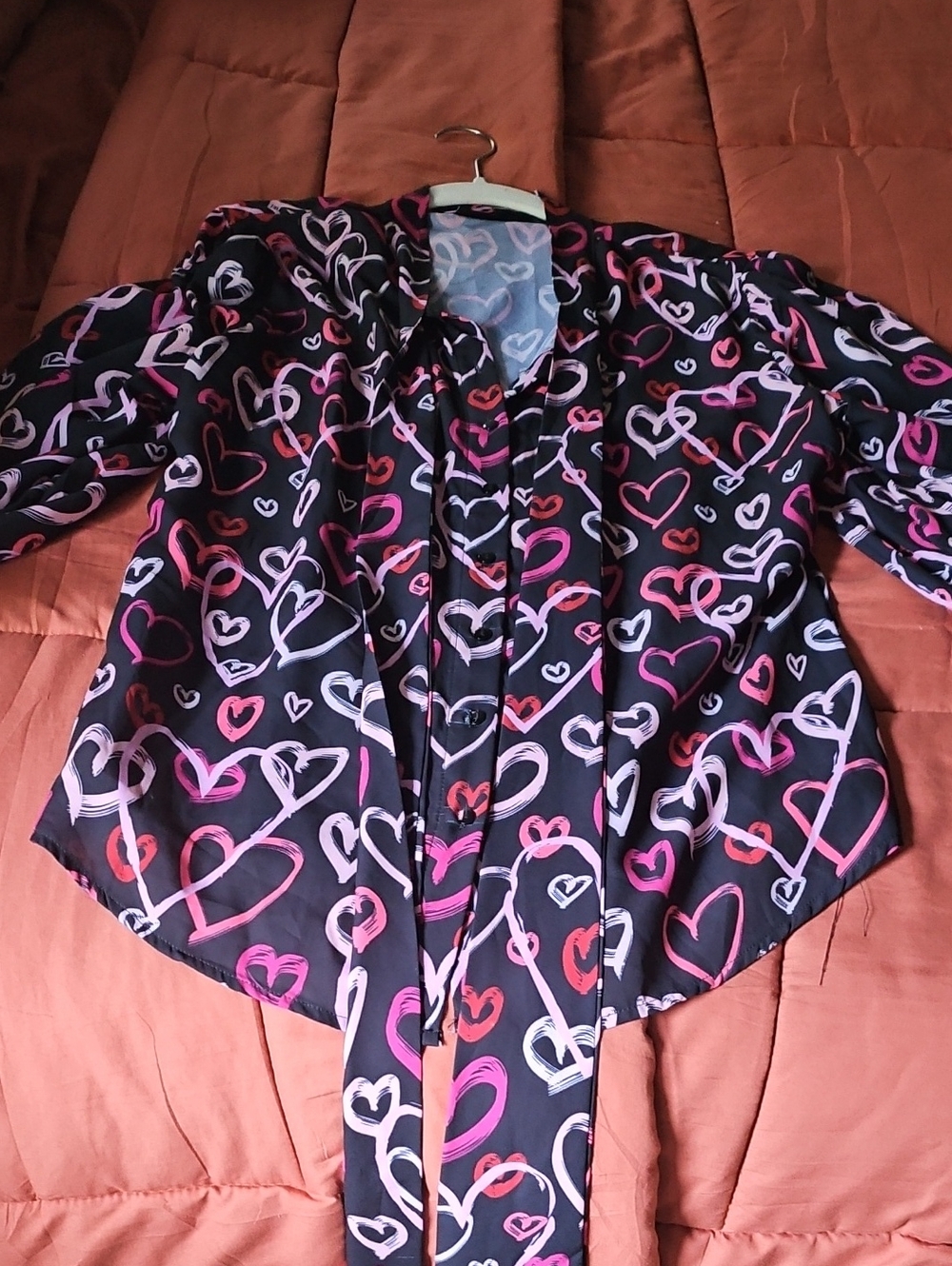 New York and Co Women Black Heart Print Tie-Front Top - Pink & Red Hearts - Picture 1 of 3
